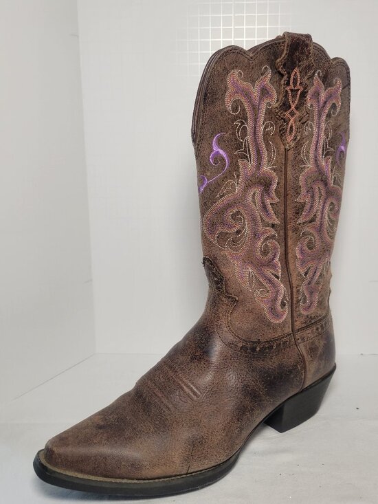 Justin Boots Shoes - Justin Brown Leather Embroidered Western Cowboy Boots Women's 9B